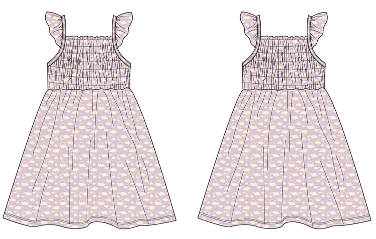 Lavender Rainbows and Clouds Smocked Vintage Dress